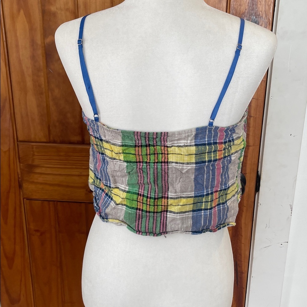Urban Outfitters Cropped Halter Top Medium Plaid cotton linen Pink blue green - Picture 3 of 7